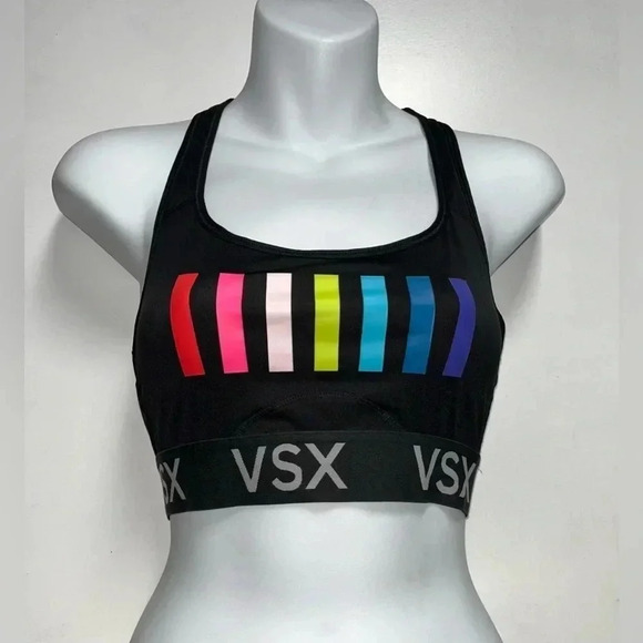 Victoria Secret VSX Sport Unlined Black/Rainbow Sports Bra - Picture 2 of 5